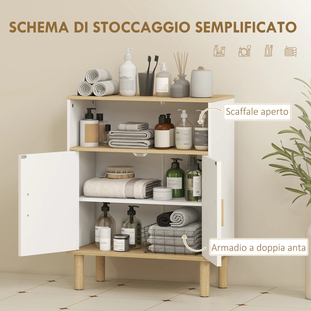 Mobile Bagno Autoportante con Ripiano Regolabile, Bianco e Legno Naturale