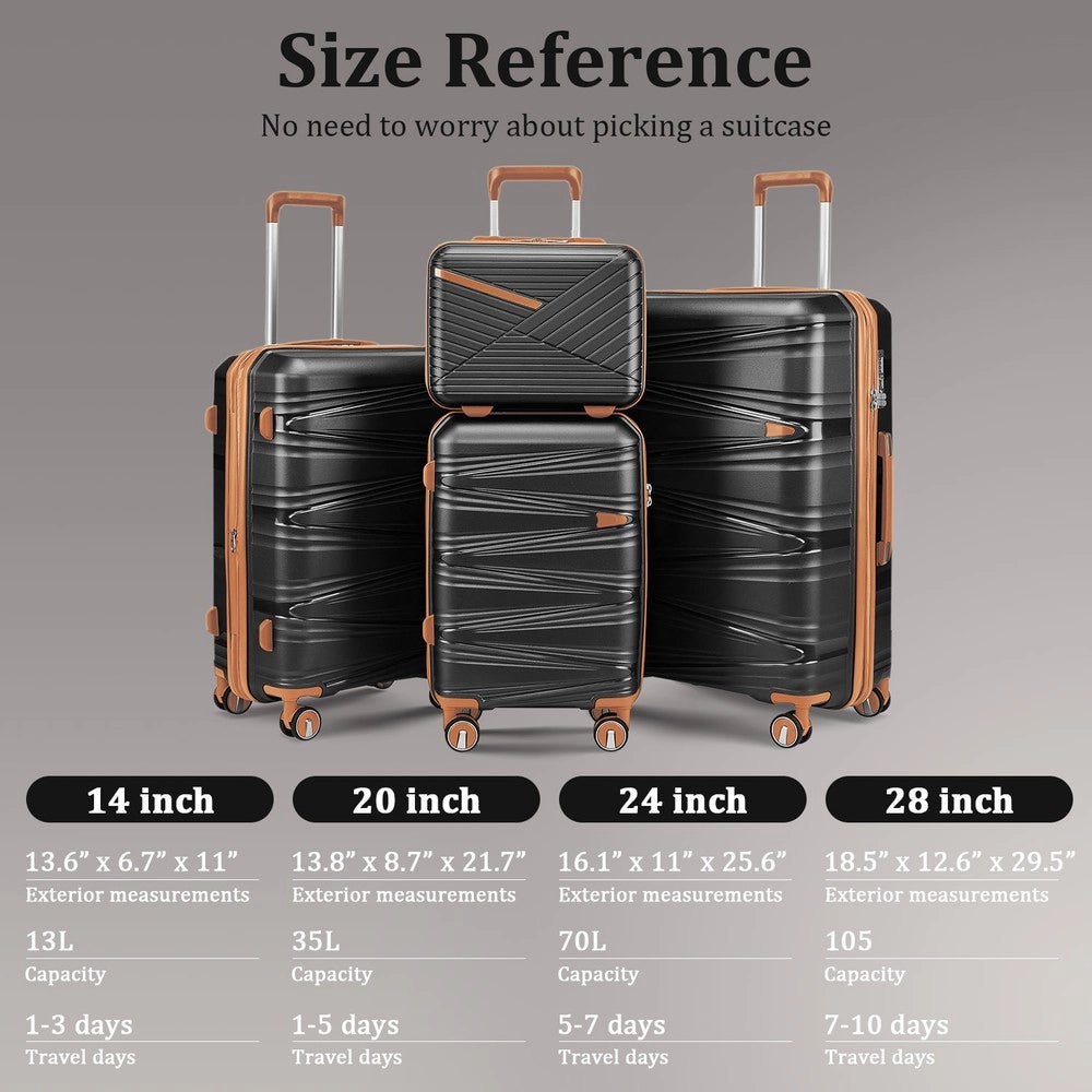 Set di 4 valigie rigide ¨C Minimal ¨C in PP, dimensioni 20/24/28 pollici + beauty case 14', ruote rimovibili, leggero, con serratura a combinazione