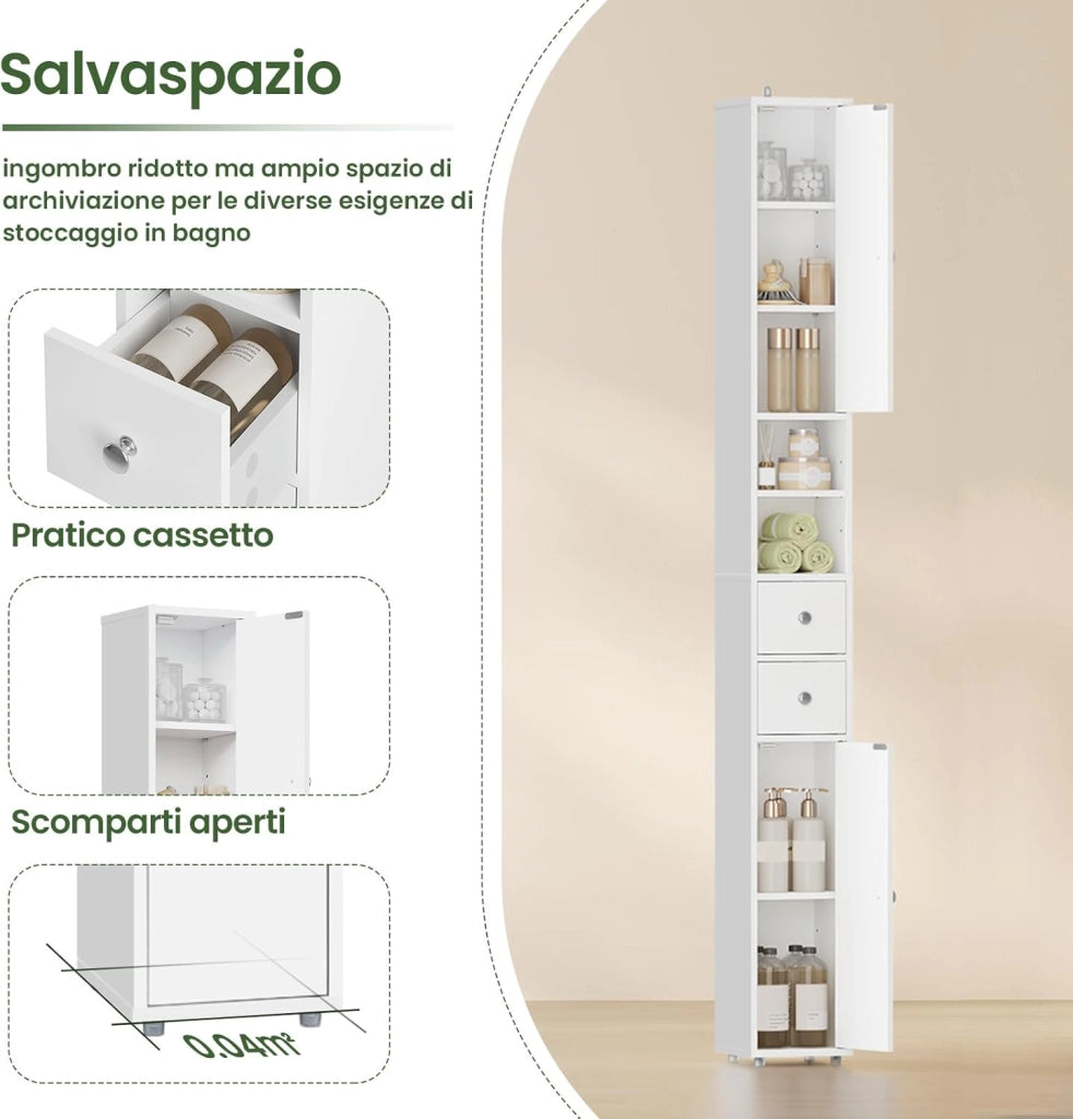 Armadio Alto da Bagno, Mobiletto da Bagno, Colonna Bagno Stretta, 20 x 20 x 180 cm, Mobiletto Salvaspazio Stretto, con Ripiani Regolabili, per Spazi Ridotti, Soggiorno, Corridoio, Bianco 0257WY