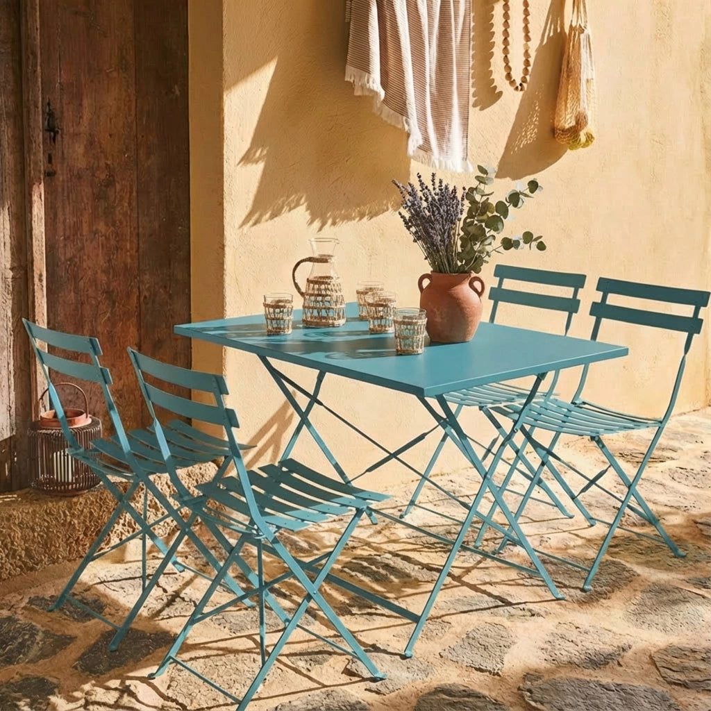 Set tavolo da giardino pieghevole in acciaio con 4 sedie, 110cm, blu