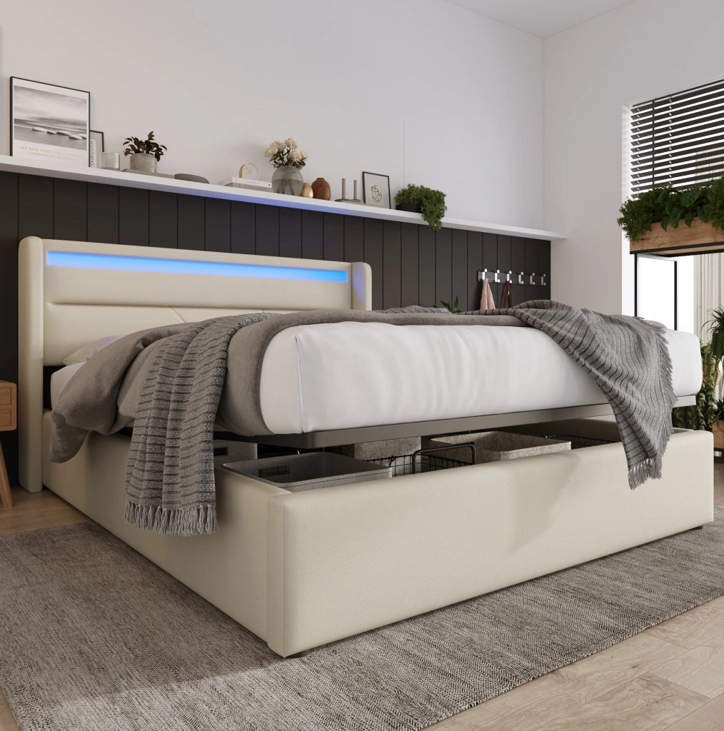 Letto matrimoniale contenitore 140x200 cm in PU bianco con testiera LED e sollevamento idraulico