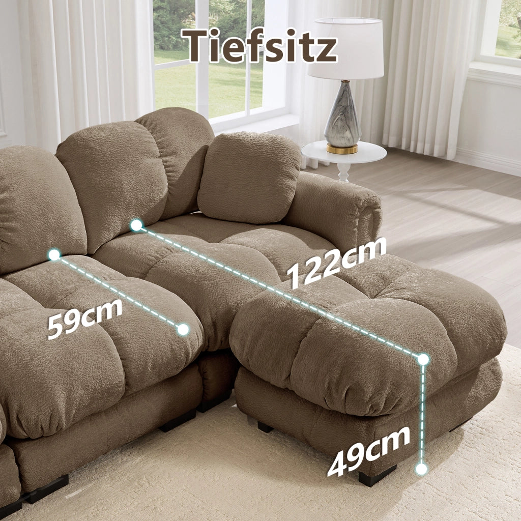 Divano modulare in chenille con seduta imbottita e schienale ergonomico e braccioli curvi marrone 330 × 86 × 90 cm