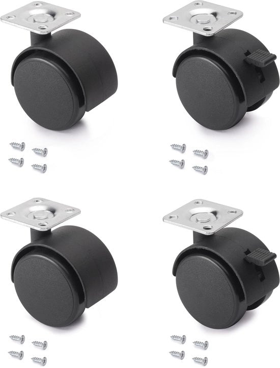 Ruote per mobili a 4 ruote, diametro 50 mm con piatto di fissaggio, nero