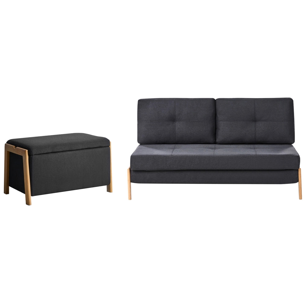 Set divano e panca tessuto nero imbottito Gambe in ferro Funzione letto Contenitore aggiuntivo Stile moderno