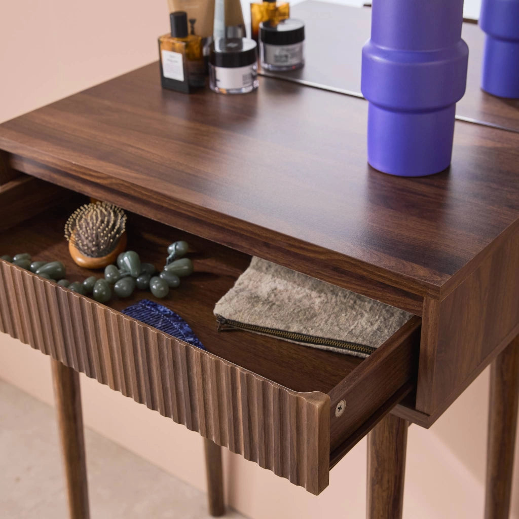 Toeletta trucco decorato in legno, specchio rotondo e 1 cassetto,