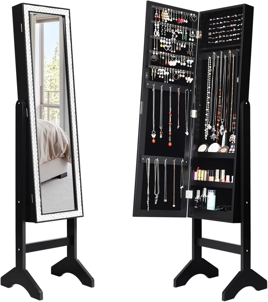 Armadio per Gioielli, Armadietto Portagioie con Specchio a Figura Intera, Organizer Spazioso per Gioielli, per Camera da Letto e Salotto, 35,5 x 33 x 153 cm (Nero)