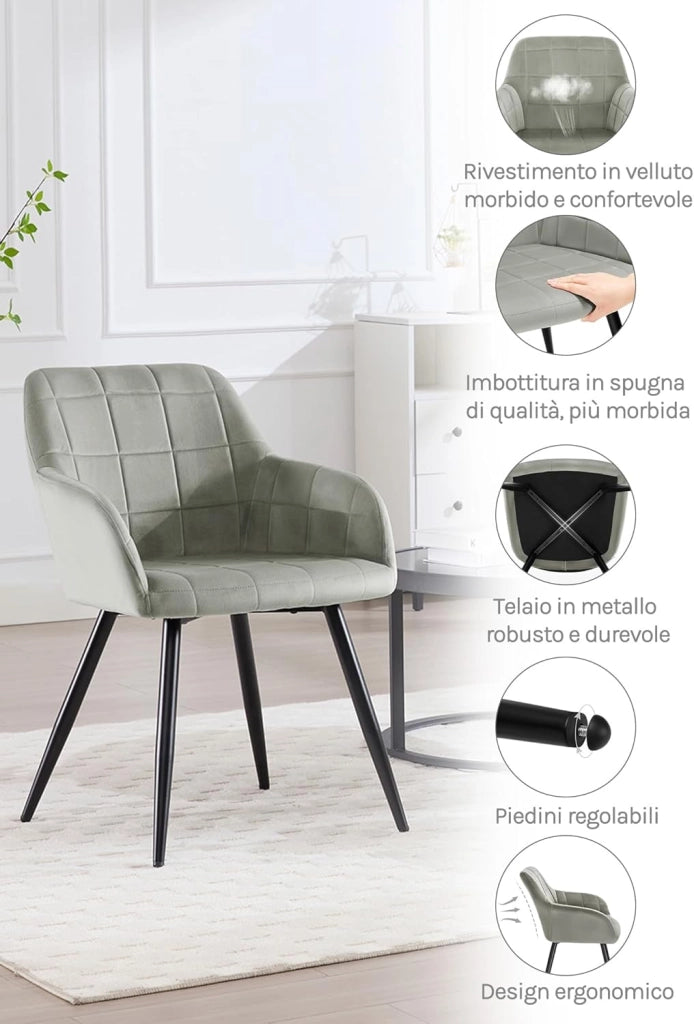 Sedia per Sala da Pranzo Imbottita, Poltroncina in Velluto,Sedia da Cucina con Braccioli e Schienale, Gambe in Metallo, moderne,Grigio, BH93gr-1