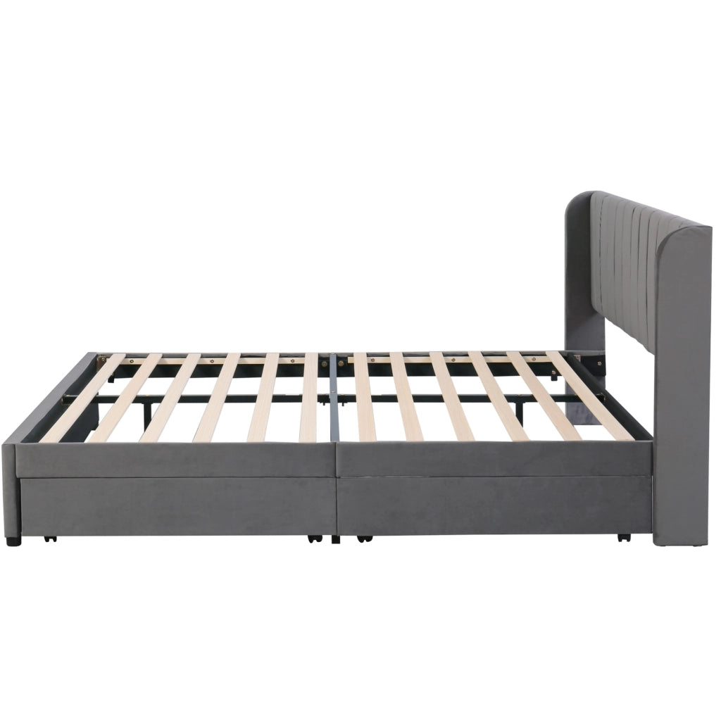 Letto imbottito 180x200 cm in velluto grigio con rete a doghe e 2 cassetti
