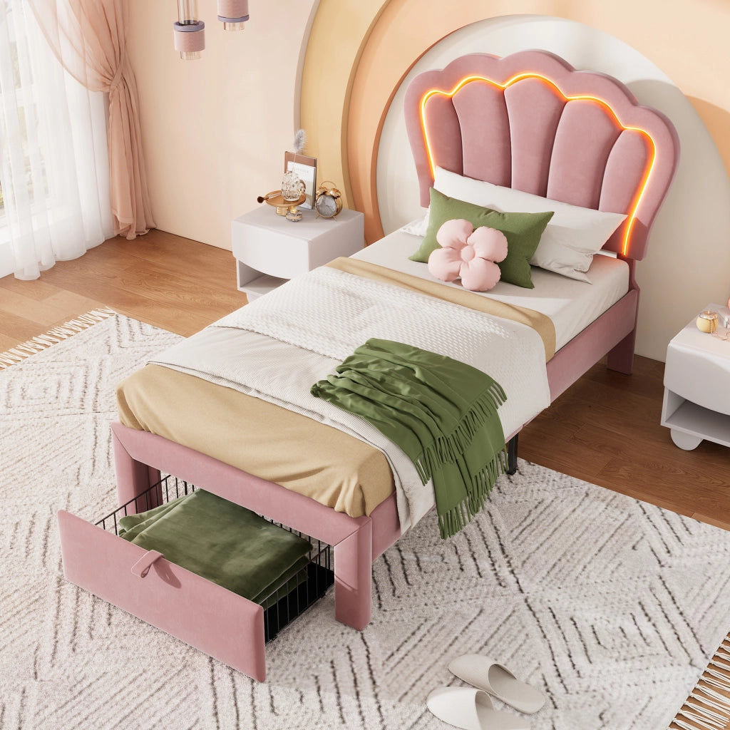 OKWISH Letto Singolo Bambini 90×190 cm con LED RGB, Cassetto, Telecomando e Testiera Regolabile, senza Materasso, Velluto Rosa