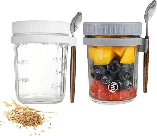Set di Overnight Oats in Bicchieri di Vetro a Mason 

Specifica prodotto: 
- Set di 5 bicchieri di vetro a mason 
- Capacità: 200ml 
- Materiale: Vetro 
- Dimensioni: 10 x 10 x 10 cm