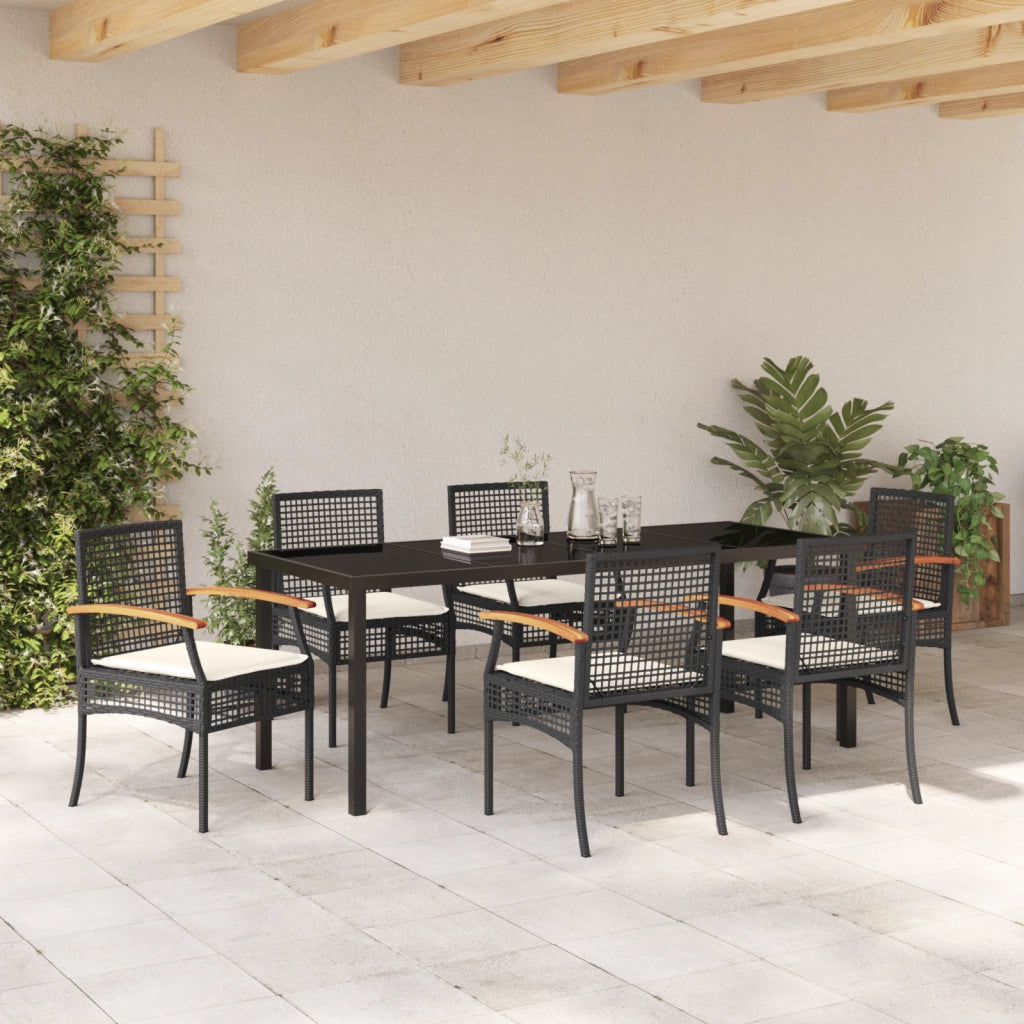Set di 7 Sedie da Pranzo da Giardino con Cuscini in Polyrattan Nero