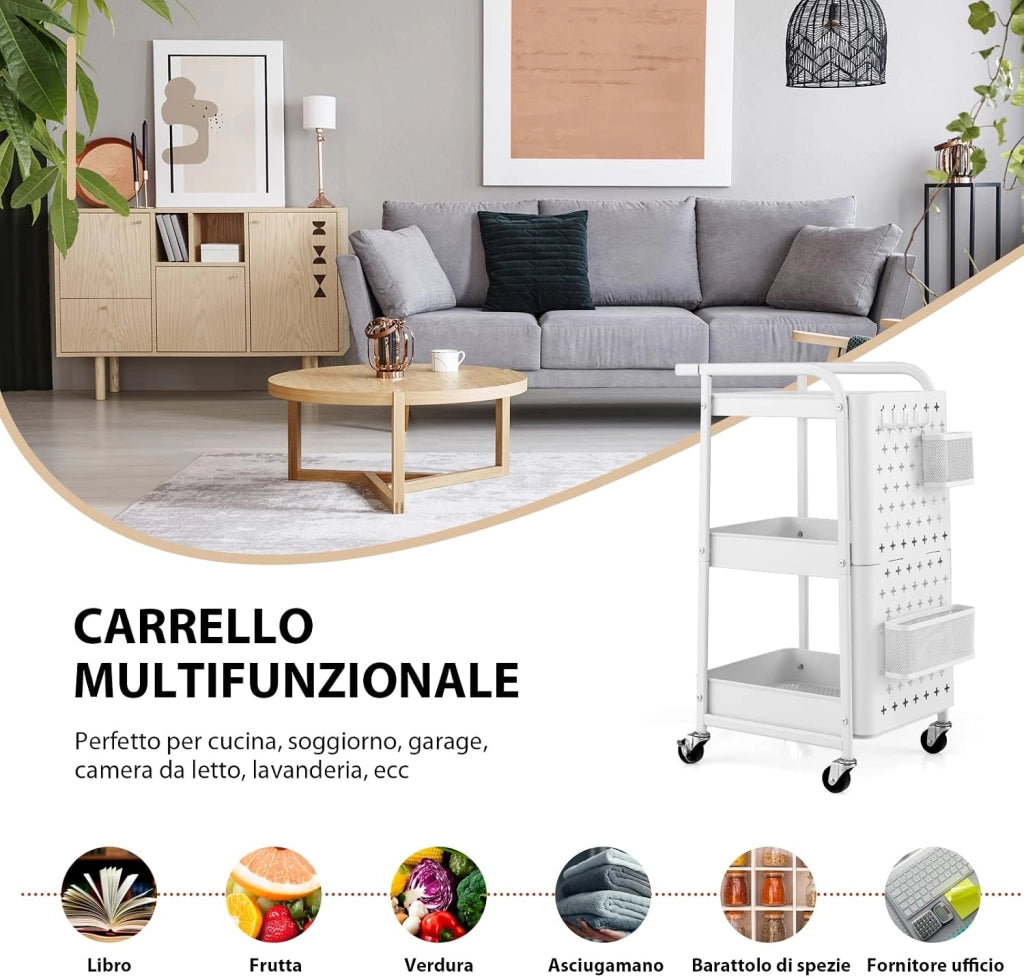 COSTWAY Carrello Multiuso a 3 Livelli, Carrello Organizzatore di Stoccaggio, con 2 Cestini 4 Ganci e Pannelli Rimovibili, Ideale per Ufficio Cucina Studio, 52x33x75cm (Bianco)