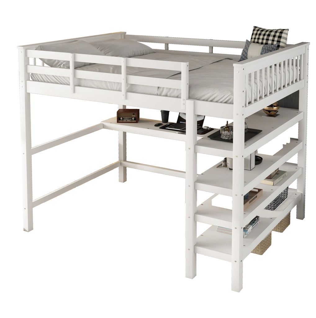 Letto a soppalco 140x200 cm con scrivania e scaffali; in pino e MDF