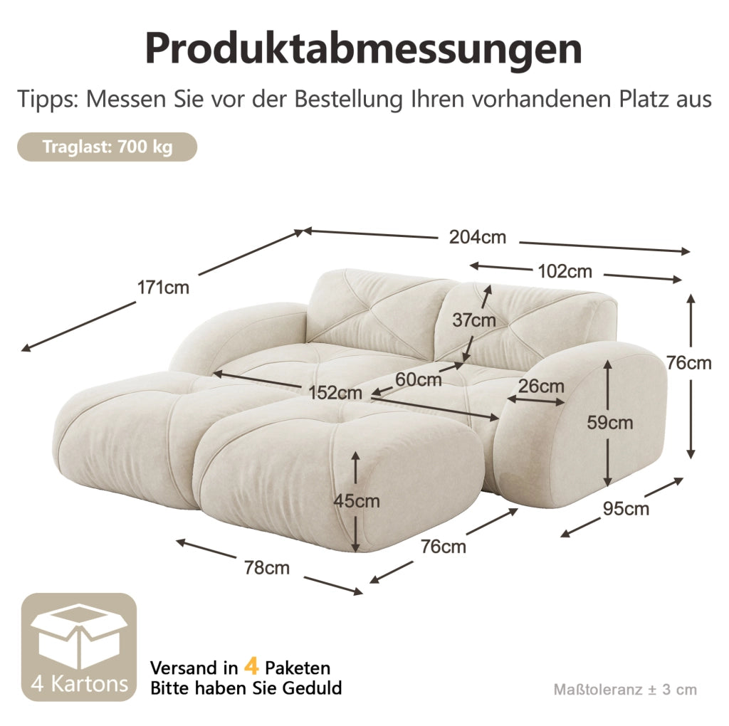 Divano modulare senza telaio in chenille beige chiaro 204x171x76 cm