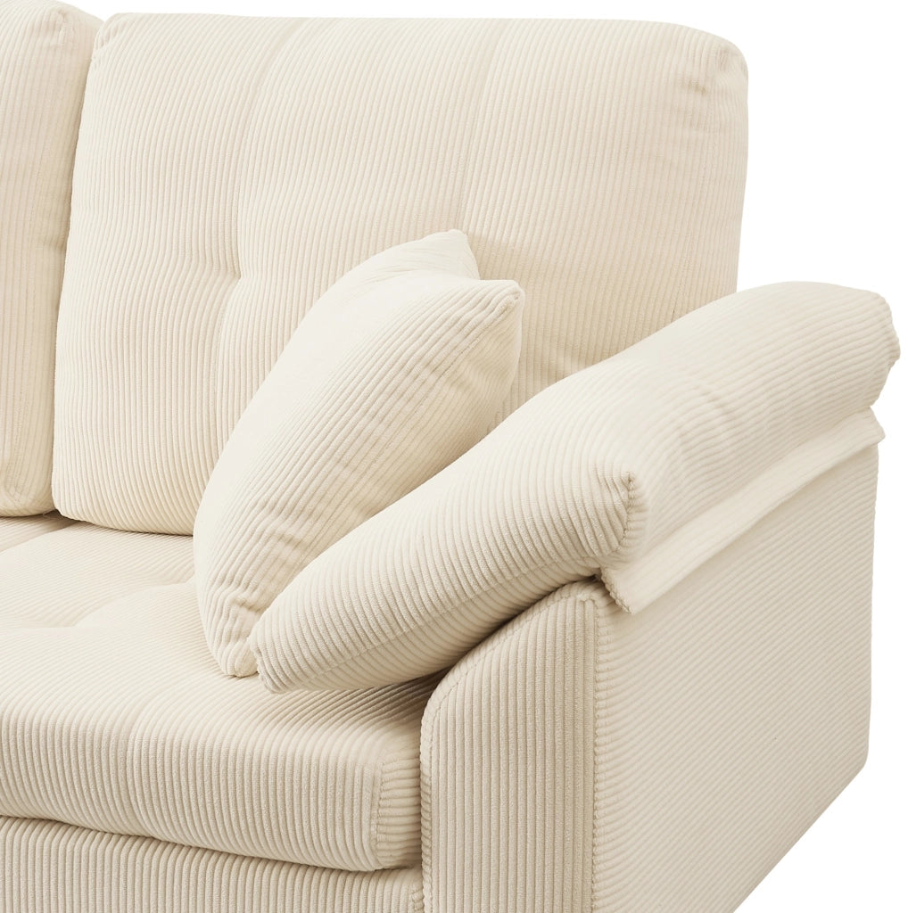 Divano 4 posti 250x70x87 cm con pouf separato configurabile a L; velluto a coste beige chiaro