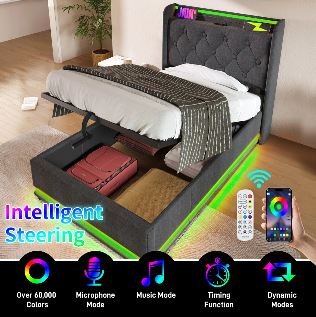Letto singolo imbottito ULEVR 90x200 cm con contenitore idraulico, LED 360¡ã, USB e Type-C, lino grigio