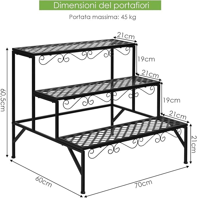Scaffale Portafiori a 3 Ripiani, Porta Piante da Esterno e Interno a Scala, Scaffale Porta Vasi di Metallo per Balcone, Soggiorno e Giardino