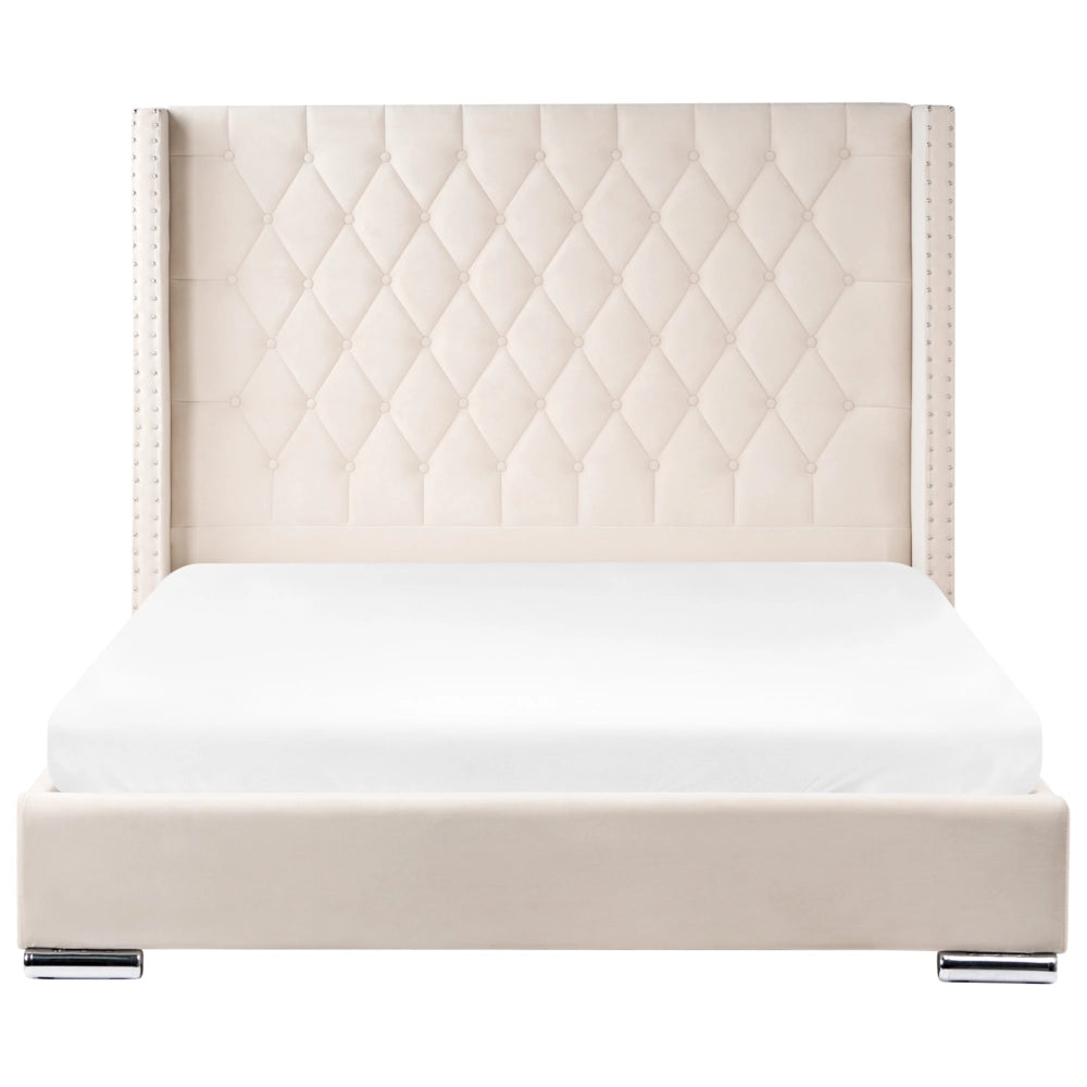 Letto matrimoniale a doghe velluto bianco sporco imbottito trapuntato poggiatesta 160 x 200 cm stile glamour elegante
