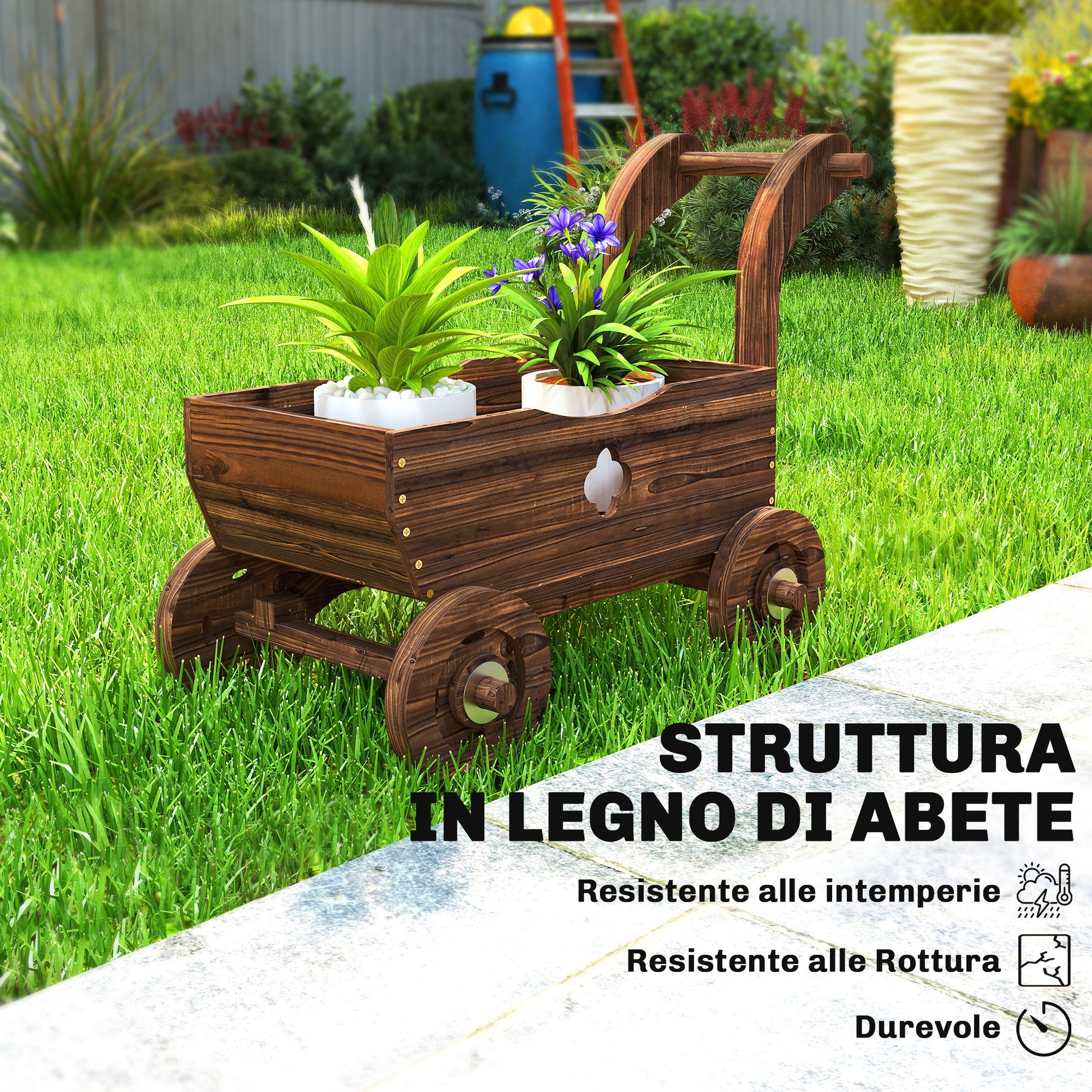 Fioriera a Carretto 68x38x52 cm con 4 Ruote Maniglia e Fori di Drenaggio in Legno