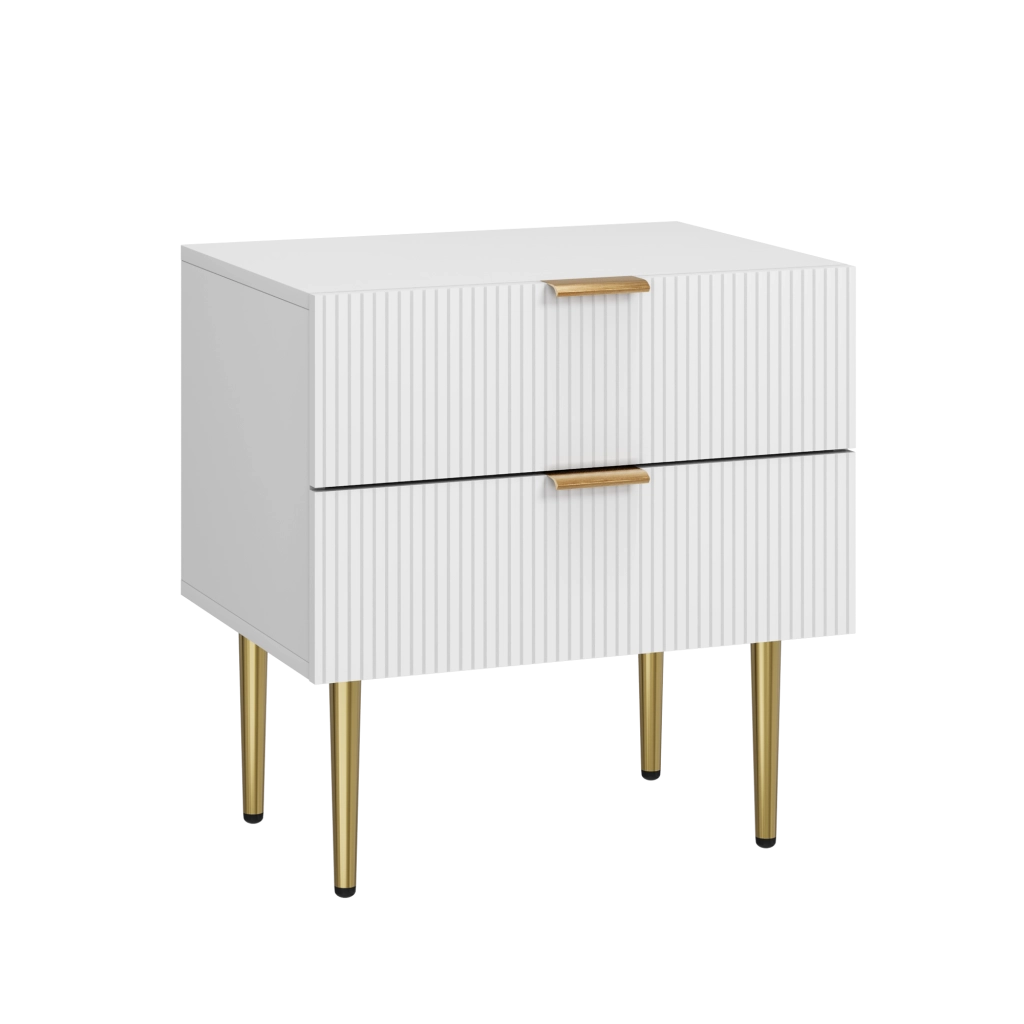 Comodino bianco moderno con 2 cassetti e dettagli in metallo, design a scanalature verticali, 1 pezzo