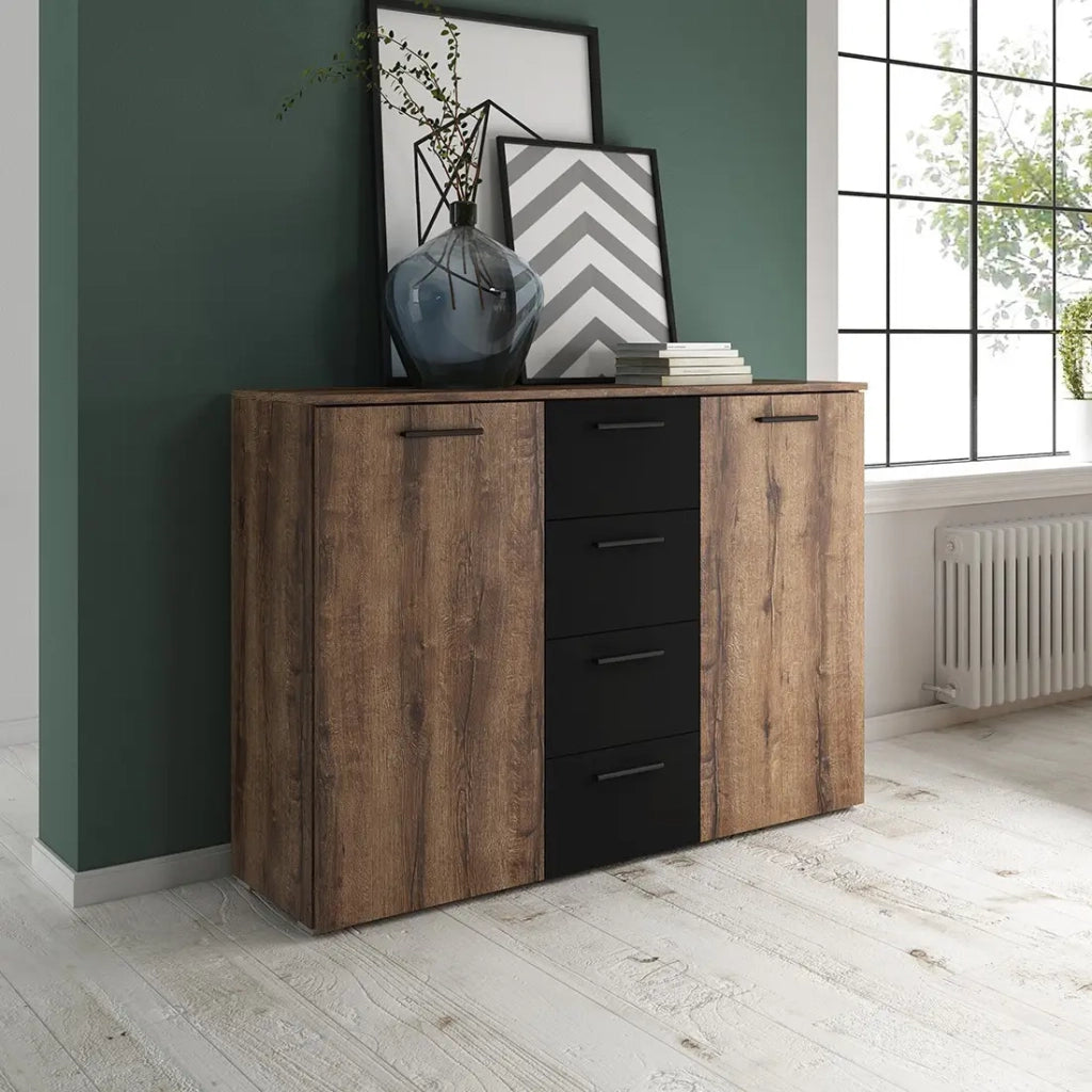 Credenza design 2 ante e 4 cassetti 130cm. Collezione EOS colori rovere scuro e nero