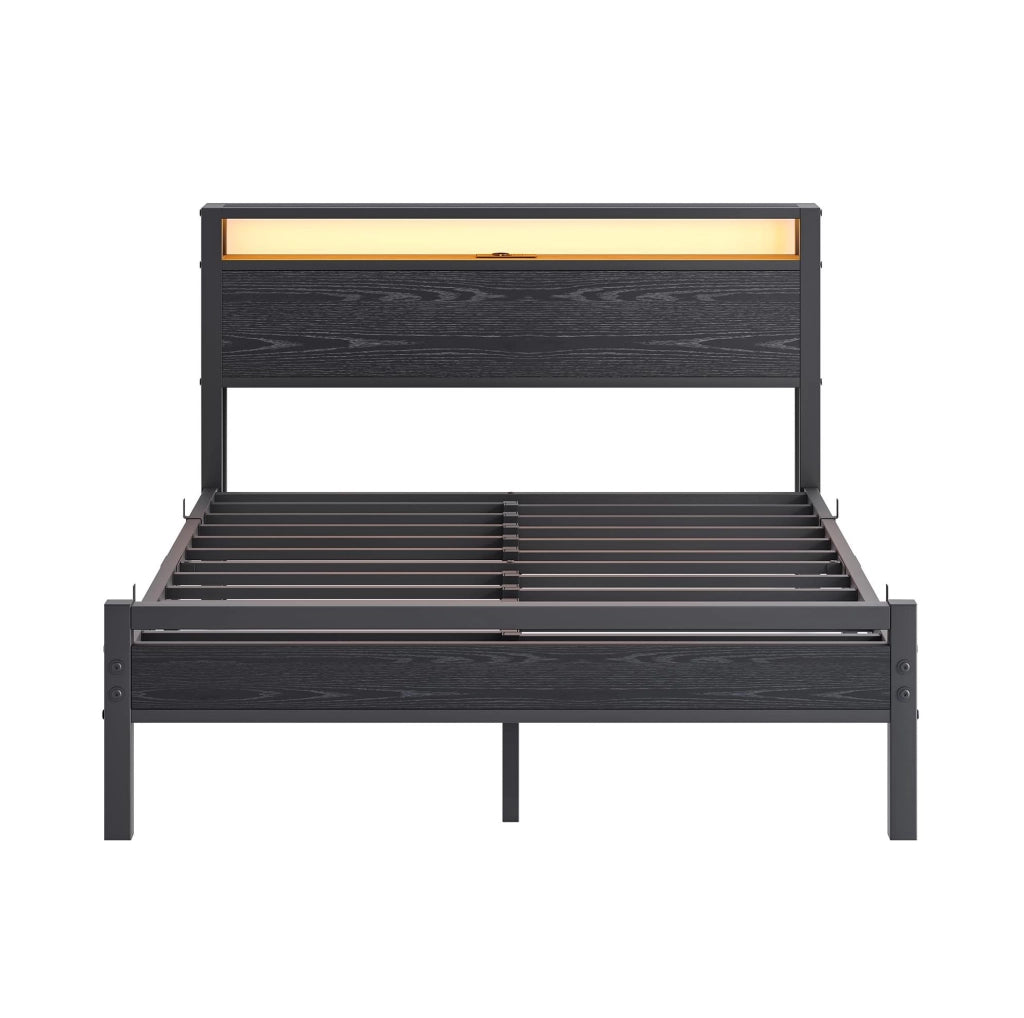 Letto 140x190 cm in metallo con testiera contenitore e USB