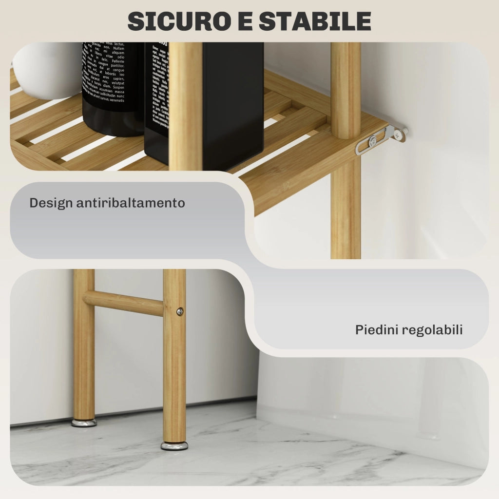 Mobile Sopra WC 63,5x25,5x181 cm a 3 Ripiani a Doghe Salvaspazio in Bambù