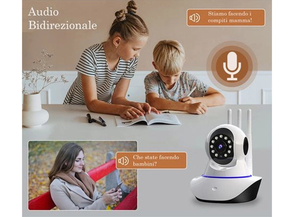 Telecamera IP Wi-Fi Motorizzata da Interno Smart Camera di Sicurezza Wireless con Tripla Antenna Risoluzione HD Visione Notturna e Tracciamento Movimento