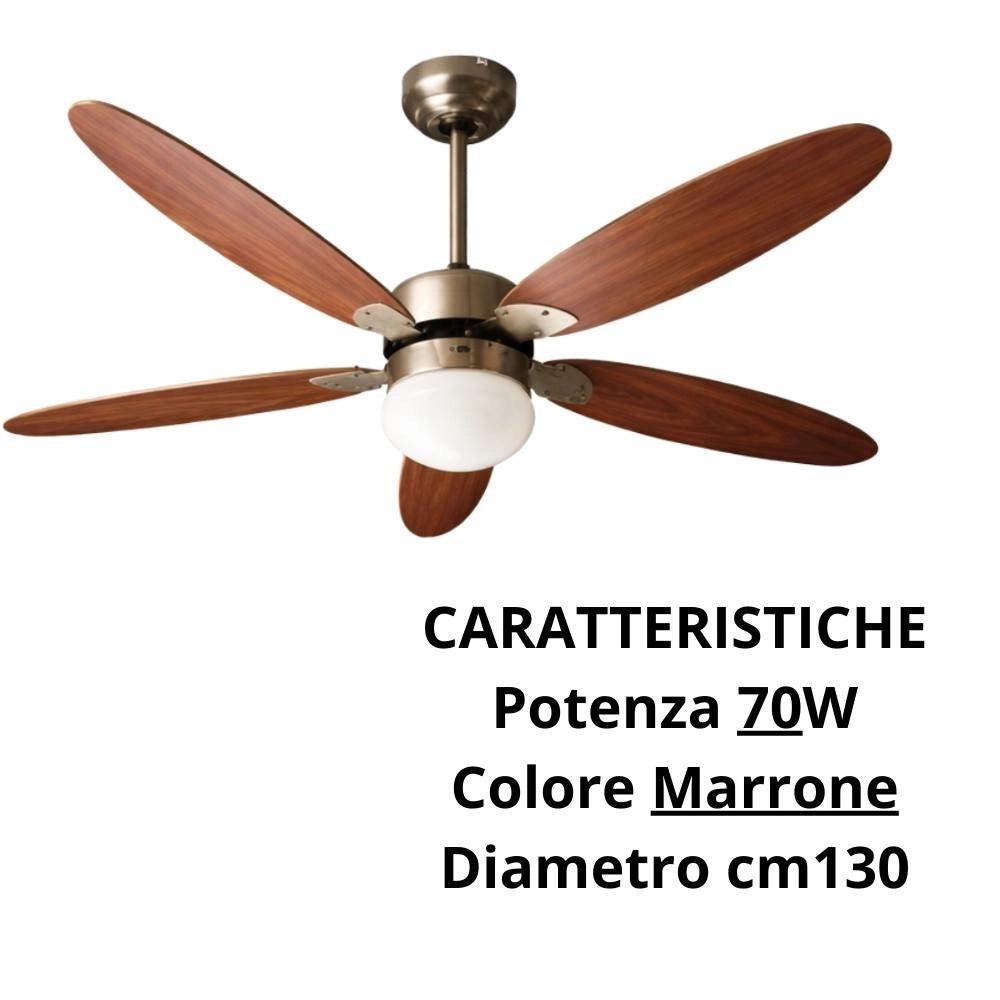 Ventilatore da soffitto zephir zfr9111m e zfr9111b 70w 5 pale legno con luce *** colore marrone, confezione 1
