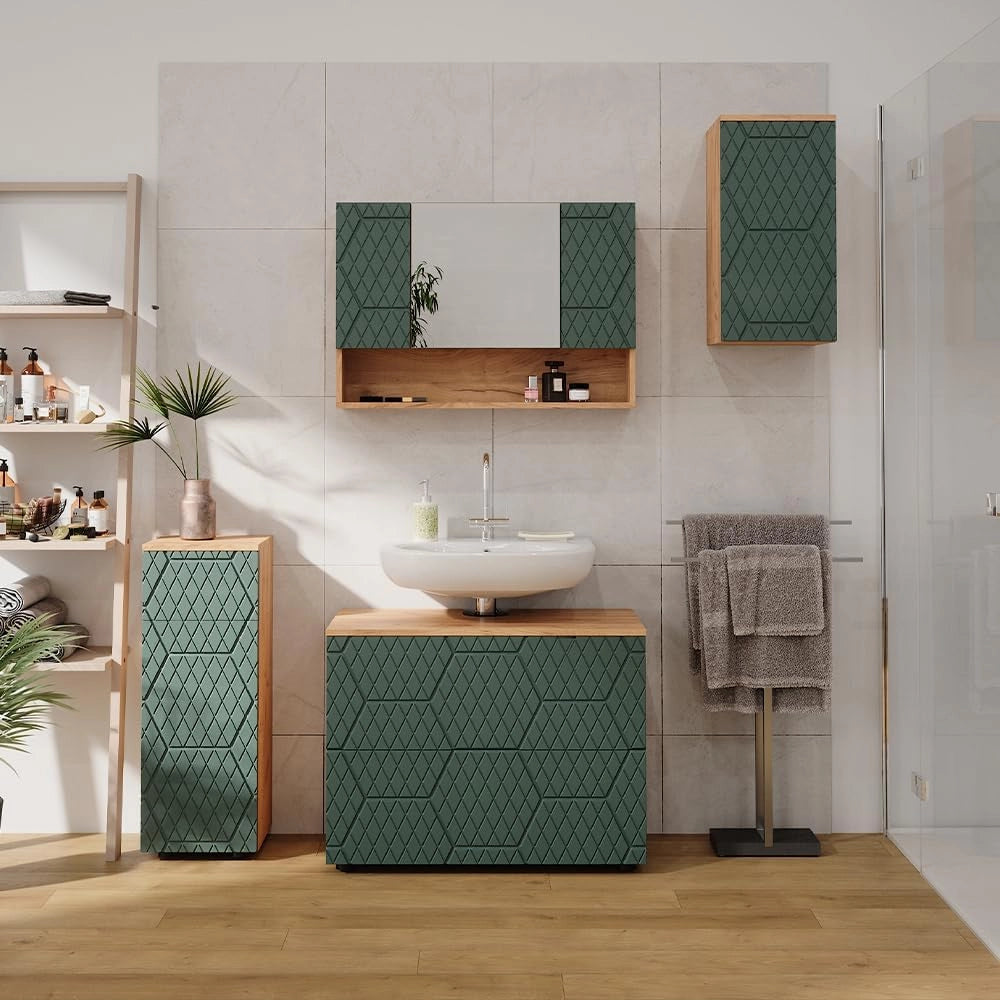 Set mobili bagno Irma, Quercia verde/oro, 4 parti