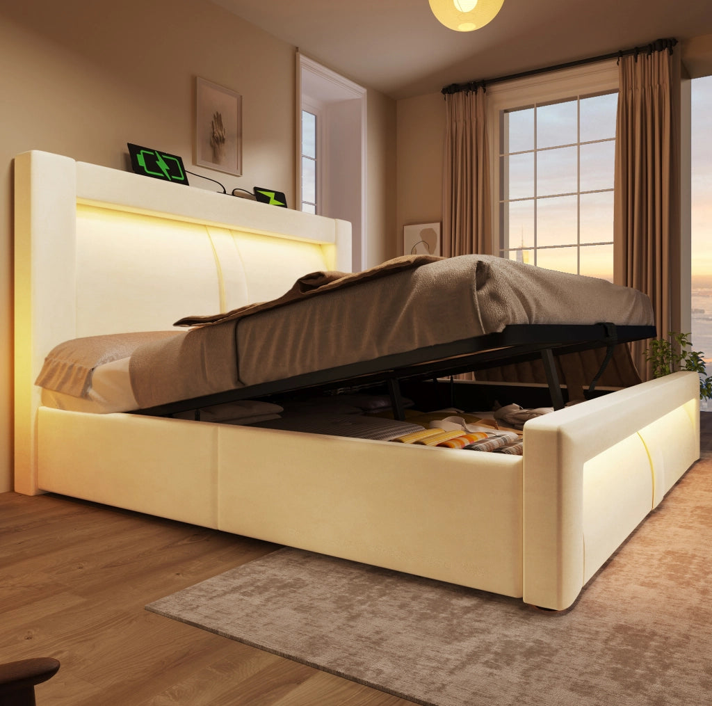 Letto matrimoniale ULEVR 180x200 cm contenitore con LED, USB e Type-C, velluto beige