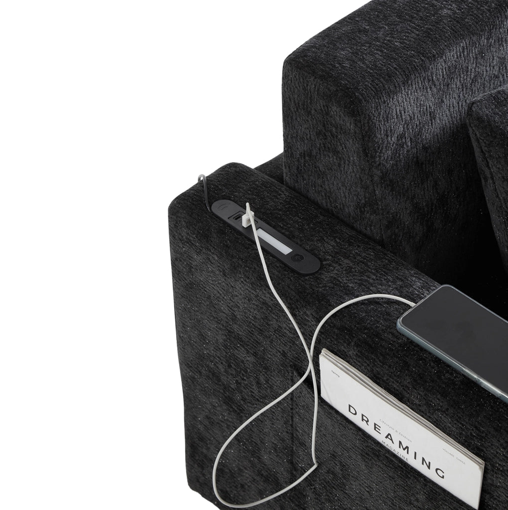 Divano letto 2 posti 153x77x65 cm in ciniglia grigio nero con USB e 2 cuscini