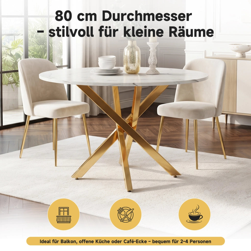 Tavolo da pranzo rotondo con piano effetto marmo e gambe incrociate dorate, per cucina e soggiorno, in MDF, oro bianco