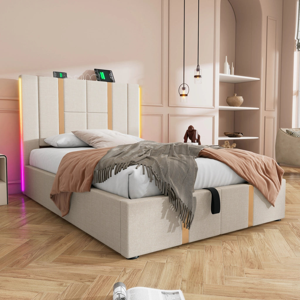 Letto imbottito 90x200 cm in lino beige con LED RGB; USB e Type-C; contenitore e rete a doghe