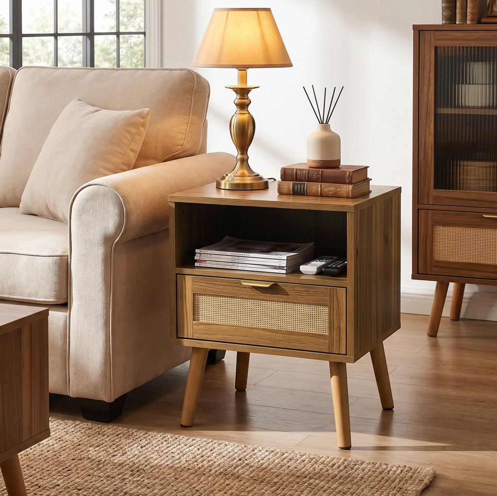 Comodino 45x40x55 cm in MDF e rattan effetto noce con cassetto -