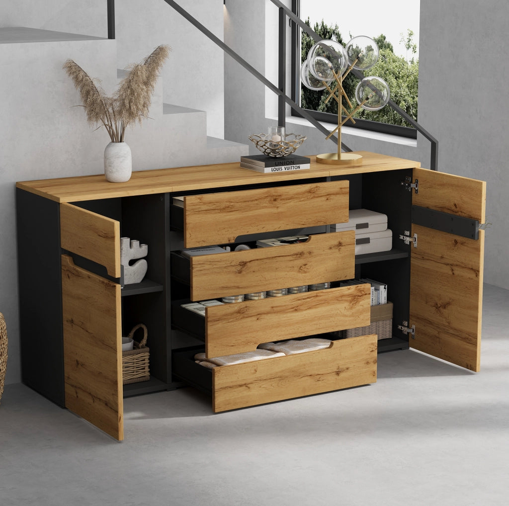 Sideboard 160x40x80 cm con 2 ante e 4 cassetti in pannello truciolare naturale e nero