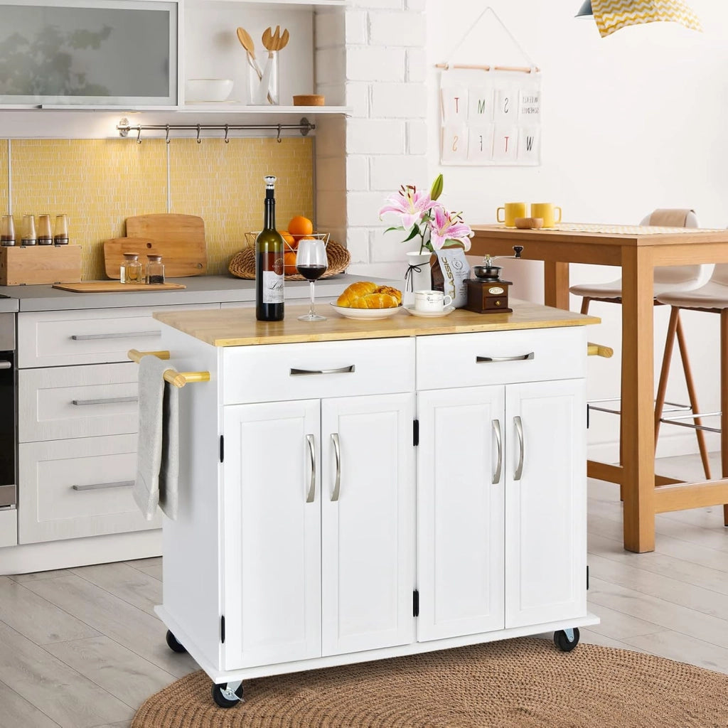Carrello da cucina con piano di lavoro in legno di gomma con 2 armadi e ripiani regolabili, 2 cassetti grandi, portasciugamani laterali, armadio con ruote, 122 x 48 x 92,5 cm (bianco)