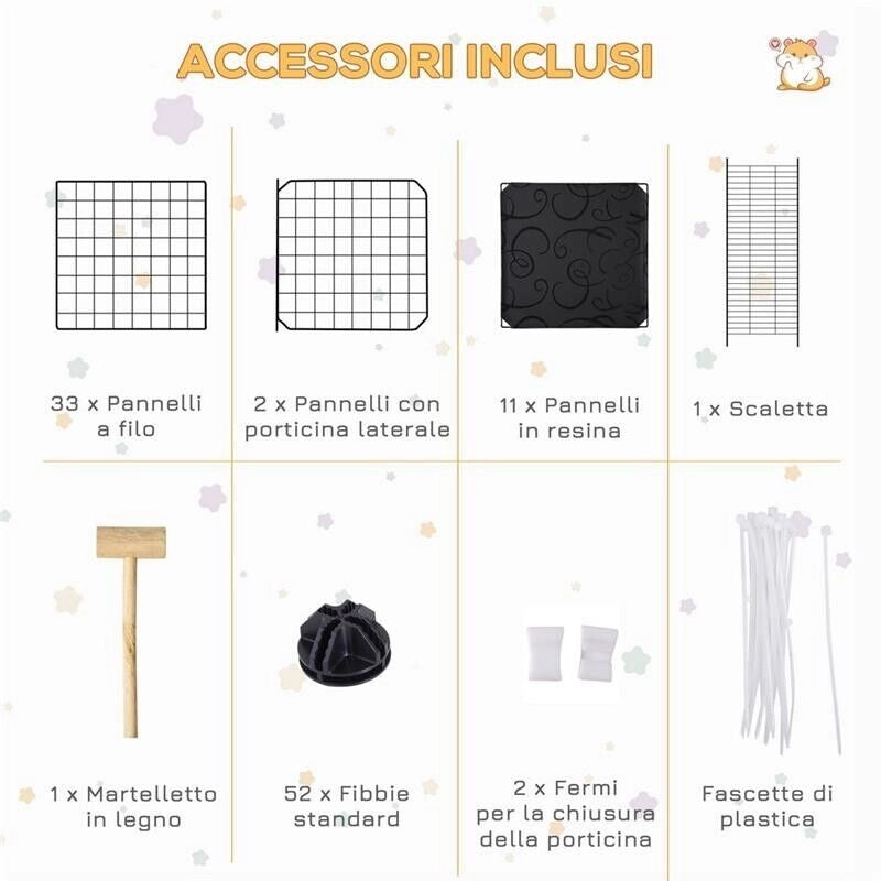 RECINTO PER CONIGLI MODULABILE IN METALLO CON SCALETTA E ACCESSORI MONTAGGIO, 175X105X70CM - NERO