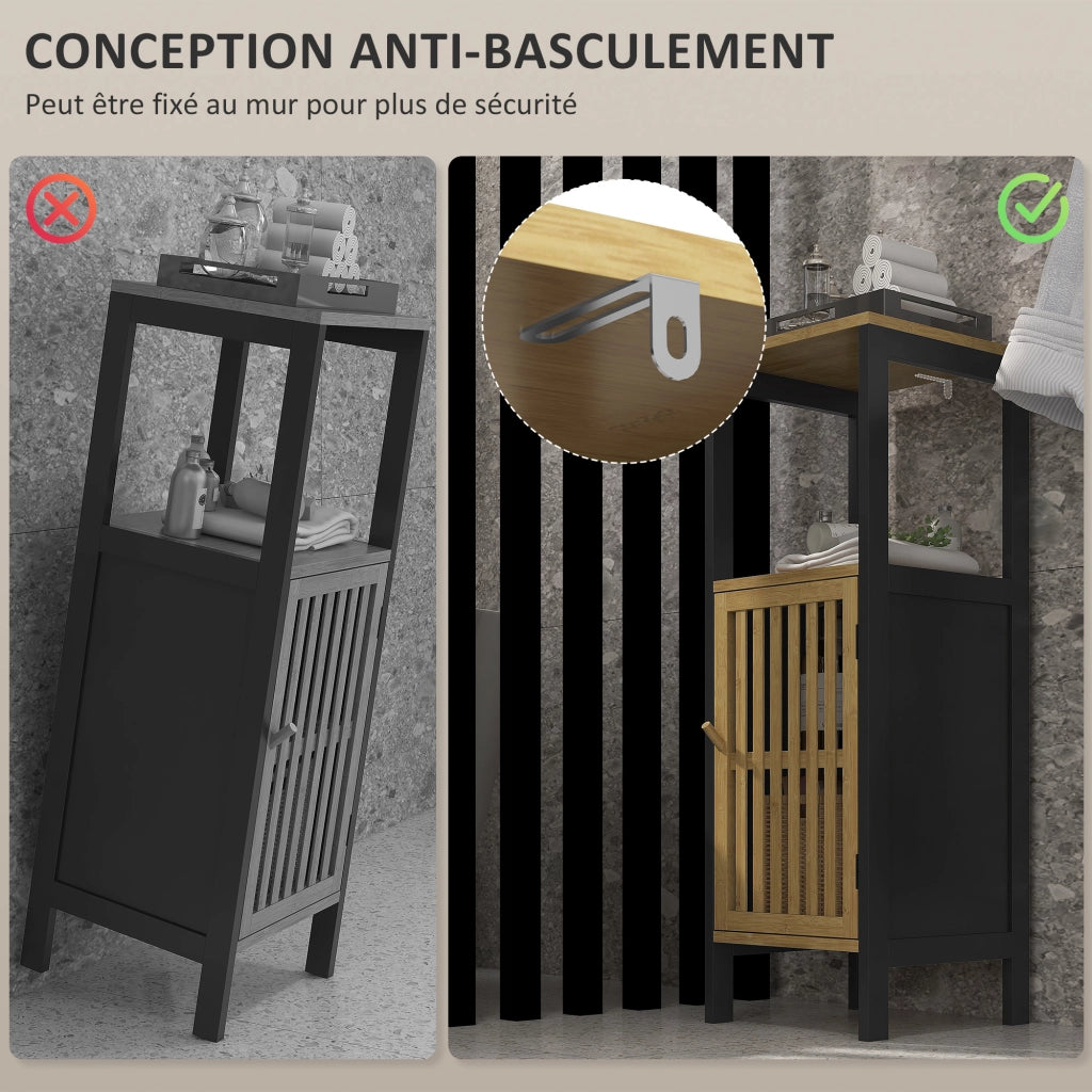 Mobiletto sottolavabo in bamb¨´ con anta e nicchia aperta ¨C zephmum ¨C nero e legno 32x30x90,5 cm