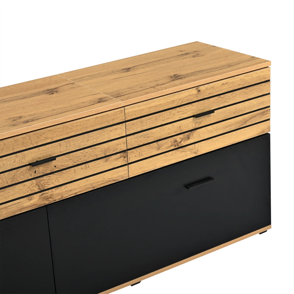 Mobile TV con 3 cassetti e 2 ante a ribalta, 168 cm, per TV fino a 65", colore naturale e nero, con motivo ondulato