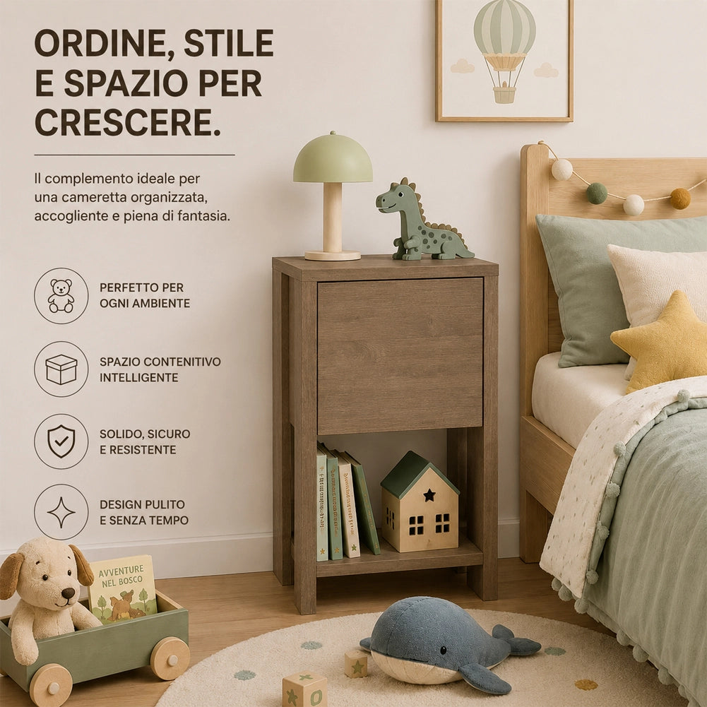 Comodino Mobiletto 2 Ripiani con Anta Ribalta Tavolino Design Moderno Rovere