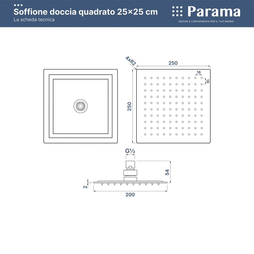 Soffione doccia ultraslim 25x25 cm orientabile cromato