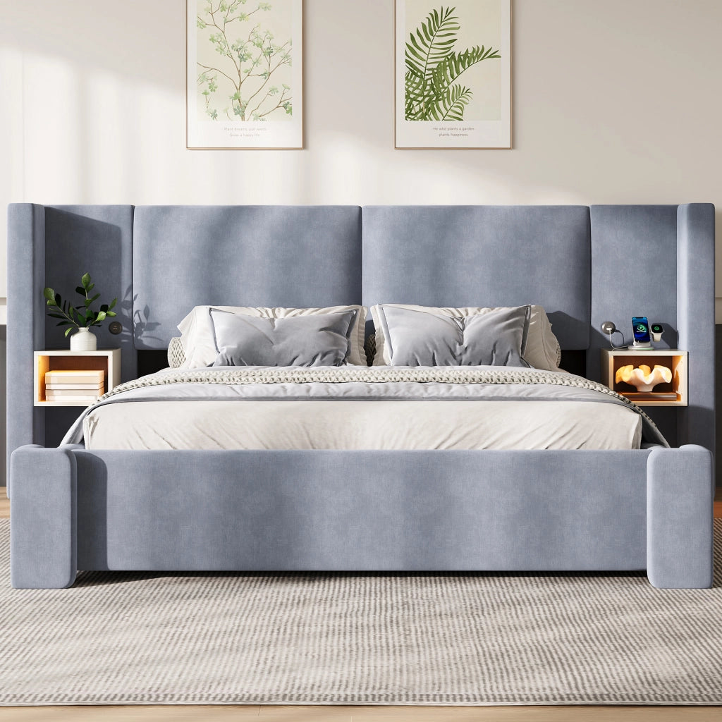 Letto matrimoniale 140x200 con contenitore idraulico e luci LED integrate; lino grigio