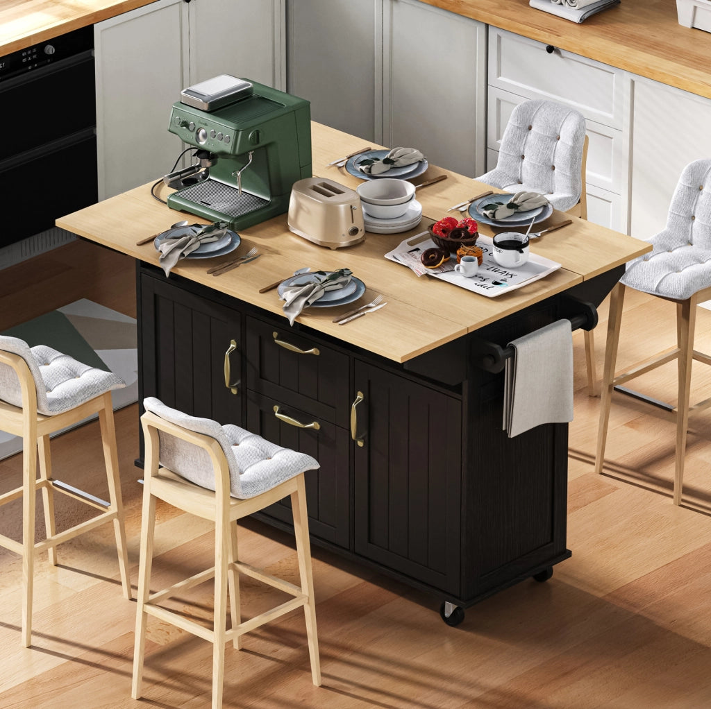 Isola cucina 120x40-60-80x92 cm con piano pieghevole e prese; in MDF e PB; nero e naturale