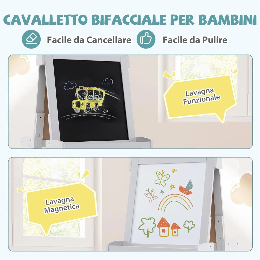 Lavagna per Bambini 3 in 1, Lavagna Magnetica con Lavagna Bifacciale, Rotolo di Carta, Vassoi Portaoggetti e 3 Bicchieri per Pittura, Cavalletto in Legno per Bambini 3+ Anni (Grigio)