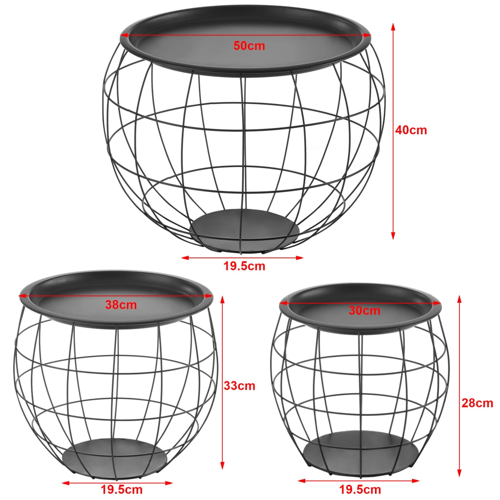 [en.casa] Set da 3 Tavolini a Forma di Cestello in 3 Altezze Diverse con Piano/Vassoio Rimovibile Portaoggetti Pratico Multiuso in Metallo