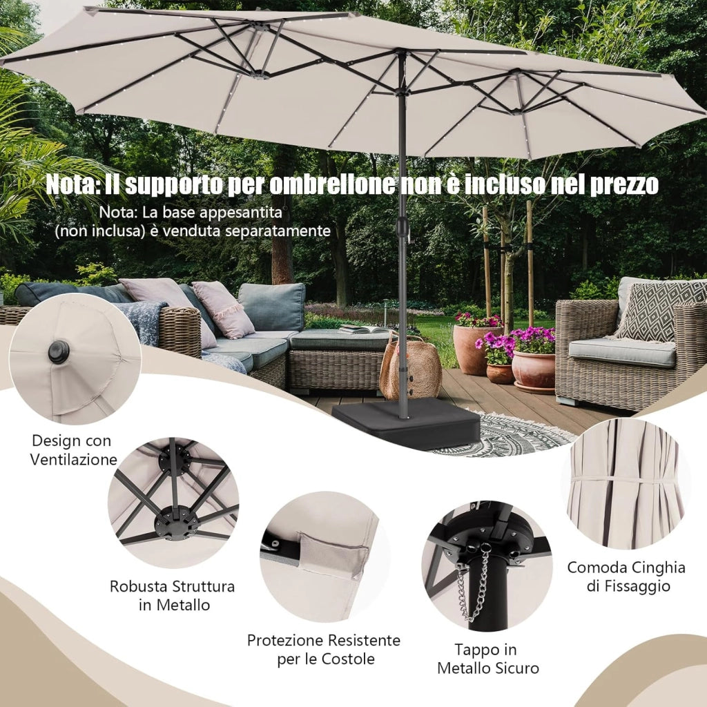 Ombrellone Doppio da Giardino 450 x 260 cm, con 48 Luci LED e 12 Stecche, Ombrellone Rettangolare con Manovella, per Giardino Piscina Cortile (Beige)