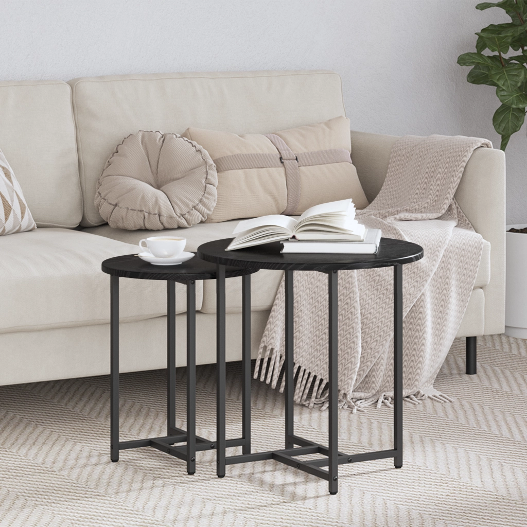 Set di 2 Tavolini in Legno di Quercia Nero e Metallo