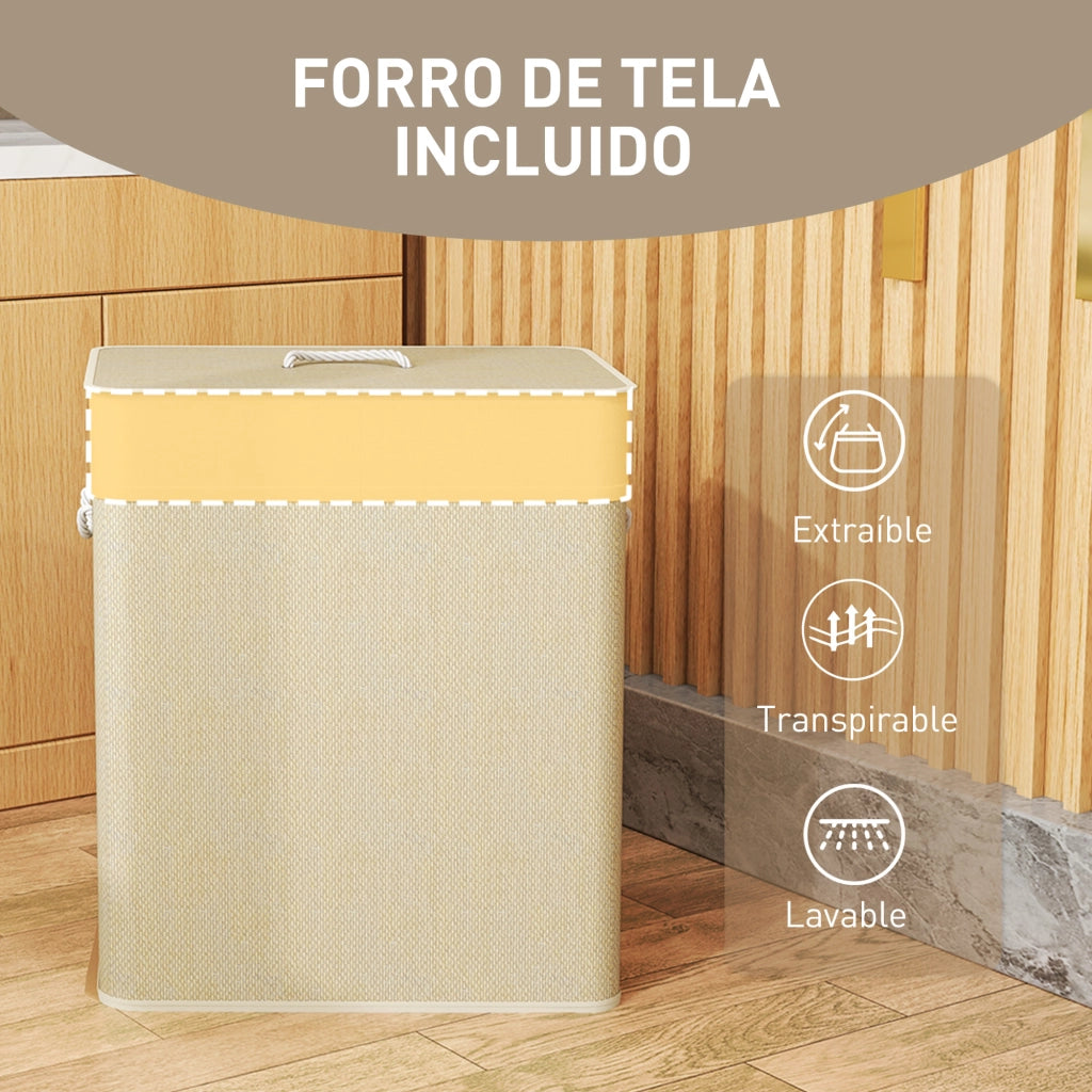 Cestino per Biancheria in Bamb¨´ con 2 Scomparti e Maniglie ¨C Zephmum ¨C 52x32x63 cm