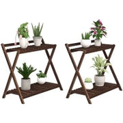 Set 2 Portapiante a 2 Livelli con Design a Doghe in Legno di Abete, 73x36x64 cm, Marrone Bruciato